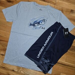 Boys Under Armour Bass Fish Shirt Short Set Blue Navy Youth XL NWT